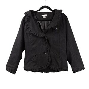 Luii Womens Dark Gray Ruffle Collar‎ Button Front Jacket Coat PXL